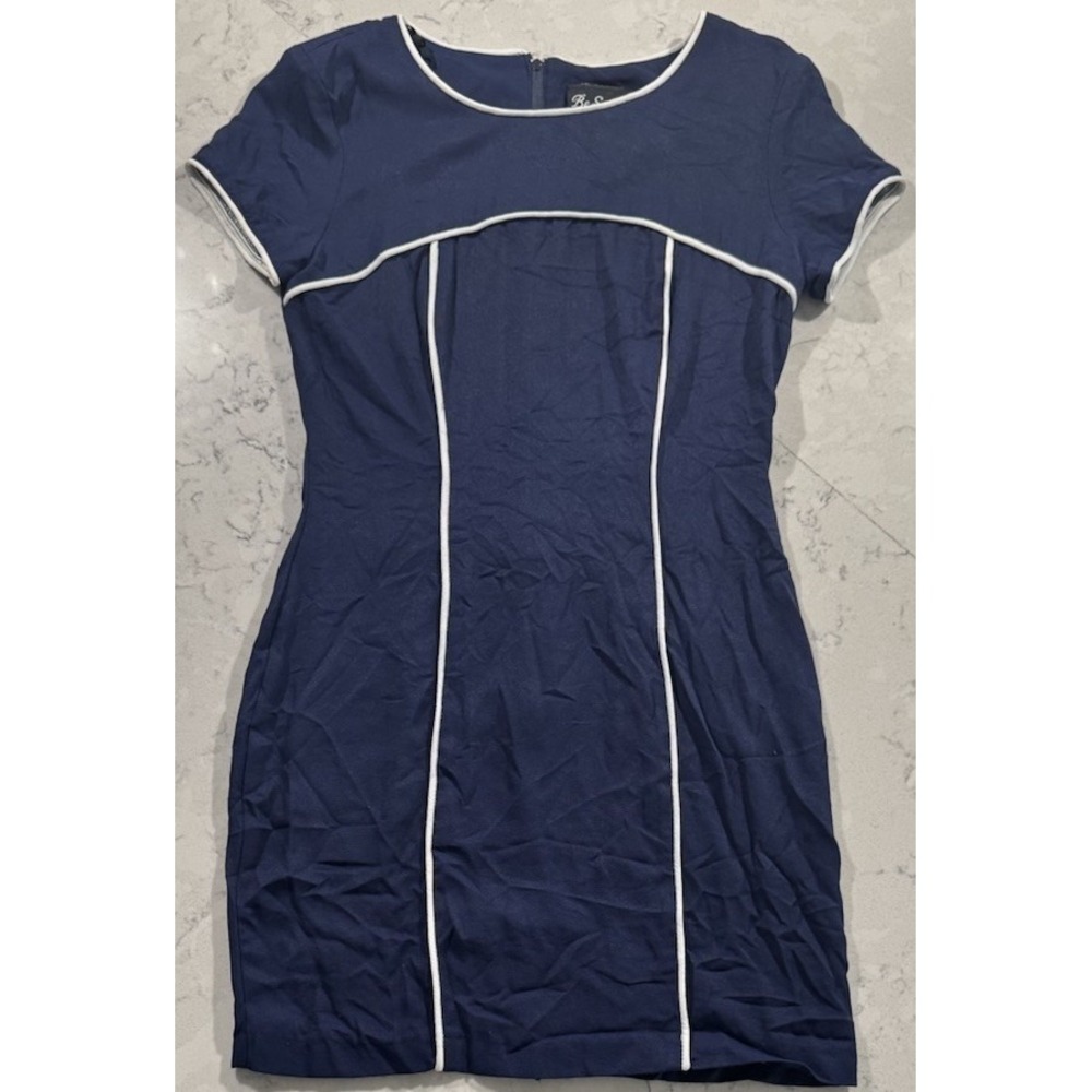 VTG 90s Be Smart Sheath Dress Womens 7/8 Navy Blue White Mini Mod Made In USA